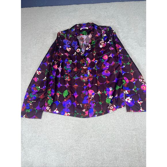 Odeeh Women's Floral Silk Shirt Plum Button-Up Top Vibrant‎ Multicolor Size XS - Picture 1 of 11